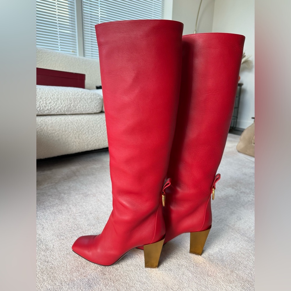 Salvatore Ferragamo Red Calf Leather Gold-Heel Knee Boots